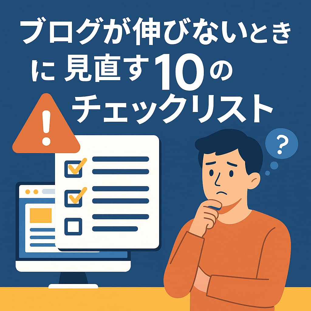 ブログが伸びない初心者向けのチェックリストを示したイメージバナー｜改善ポイントや見直し項目を強調したデジタルデザイン